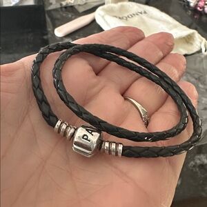 Authentic Pandora Moments Double Black Leather Bracelet with silver clasp 925